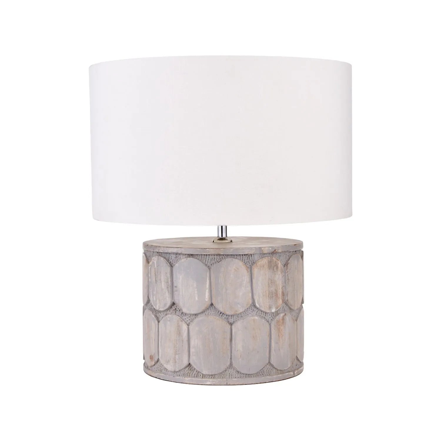 Rustic Grey-Washed Mango Wood Table Lamp Base with Hand-Carved Embossed Scallop Design – Wide Cylindrical Wooden Light 30x25x25cm - Click Style