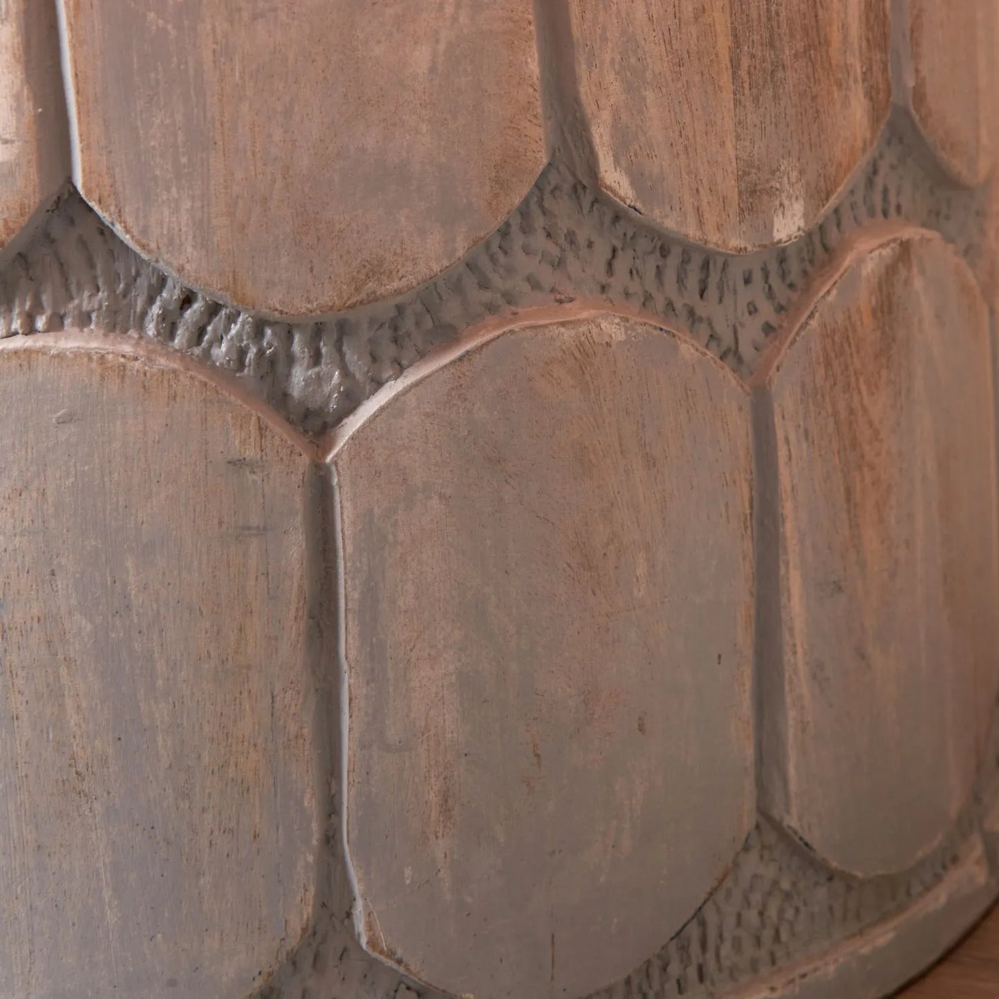 Rustic Grey-Washed Mango Wood Table Lamp Base with Hand-Carved Embossed Scallop Design – Wide Cylindrical Wooden Light 30x25x25cm - Click Style