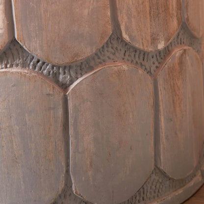 Rustic Grey-Washed Mango Wood Table Lamp Base with Hand-Carved Embossed Scallop Design – Wide Cylindrical Wooden Light 30x25x25cm - Click Style