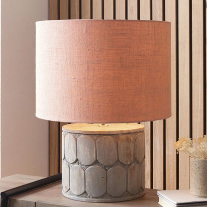 Rustic Grey-Washed Mango Wood Table Lamp Base with Hand-Carved Embossed Scallop Design – Wide Cylindrical Wooden Light 30x25x25cm - Click Style