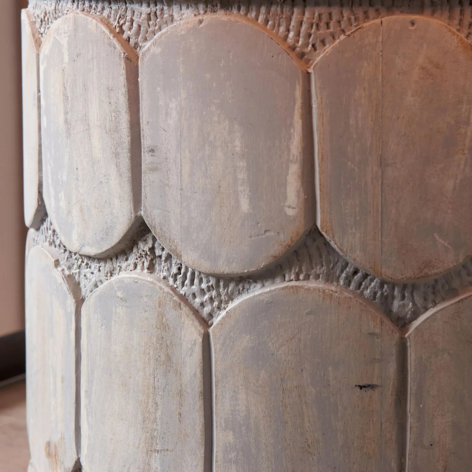 Rustic Grey-Washed Mango Wood Table Lamp Base with Hand-Carved Embossed Scallop Design – Wide Cylindrical Wooden Light 30x25x25cm - Click Style