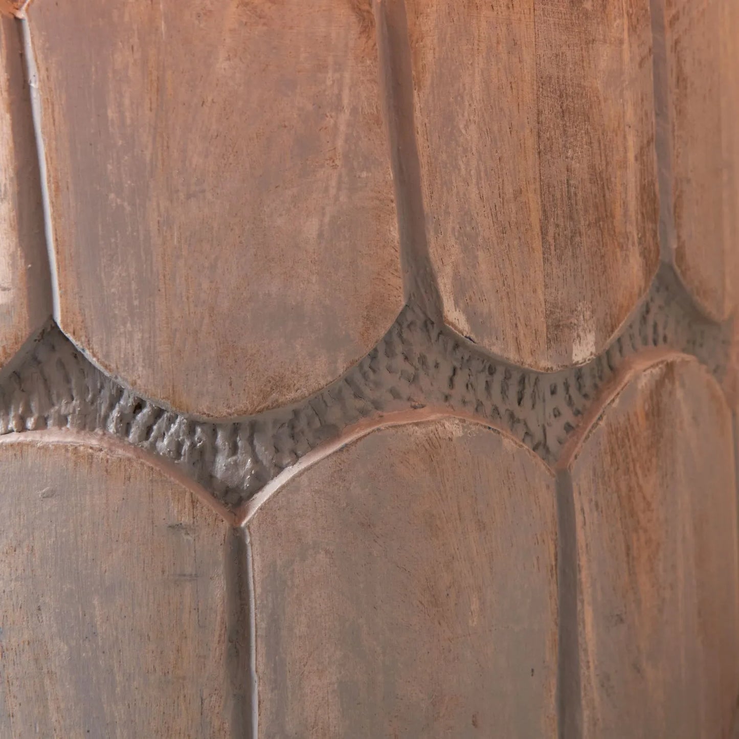 Rustic Grey-Washed Mango Wood Table Lamp Base with Hand-Carved Embossed Scallop Design – Wide Cylindrical Wooden Light 30x25x25cm - Click Style