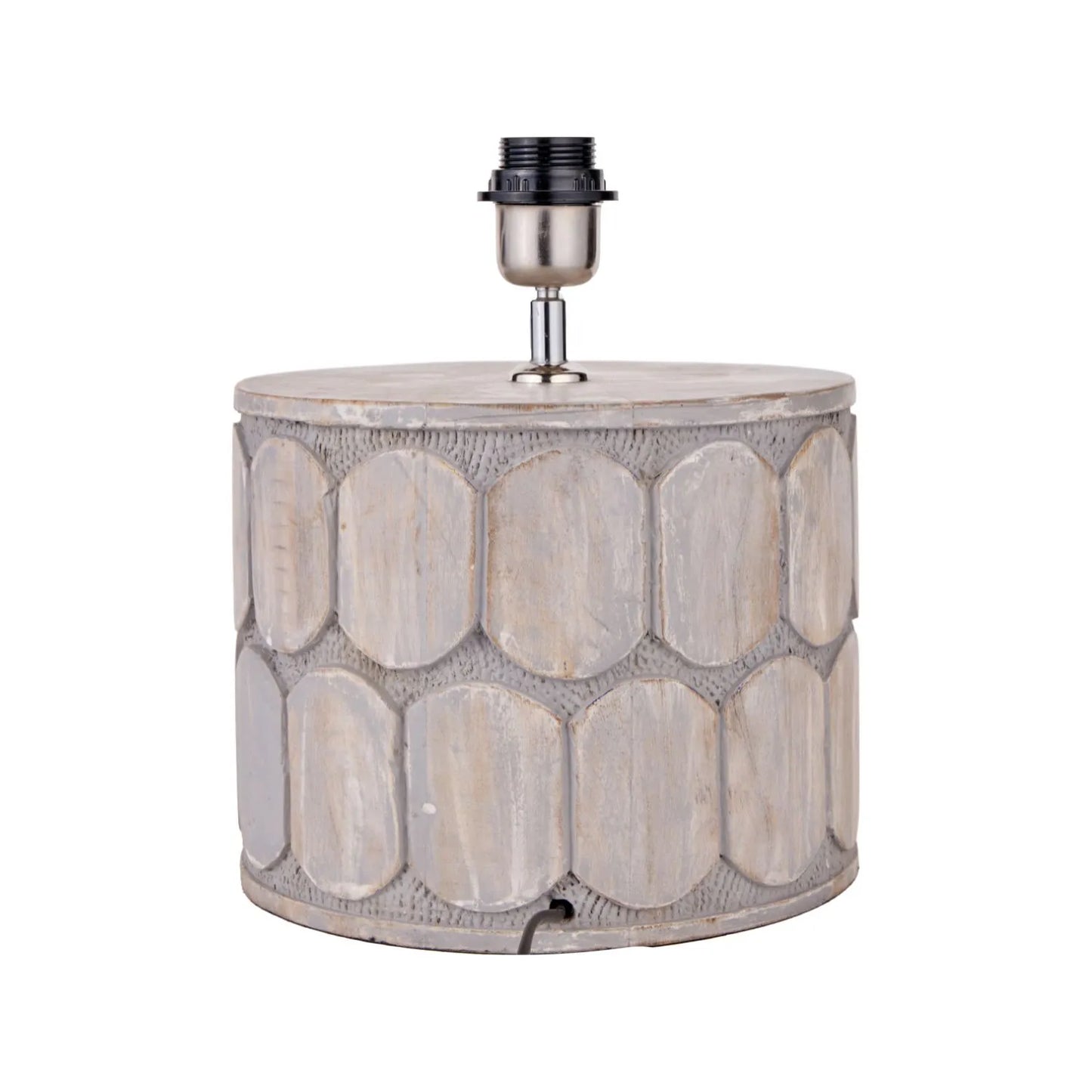 Rustic Grey-Washed Mango Wood Table Lamp Base with Hand-Carved Embossed Scallop Design – Wide Cylindrical Wooden Light 30x25x25cm - Click Style