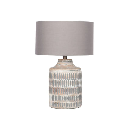 Rustic Grey-Washed Mango Wood Table Lamp Base with Hand-Carved Linear Detailing – Textured Wooden Light Base 34x17x17cm - Click Style