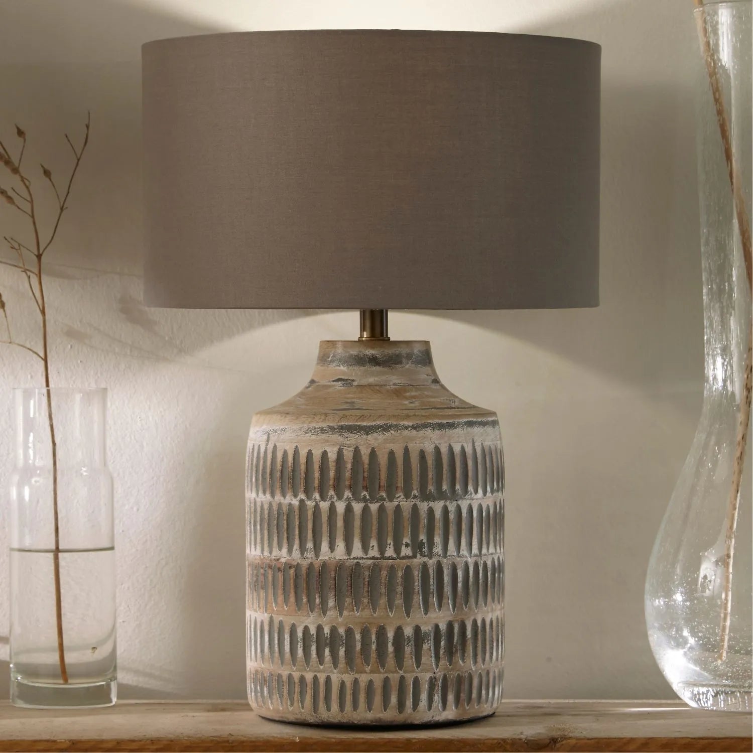 Rustic Grey-Washed Mango Wood Table Lamp Base with Hand-Carved Linear Detailing – Textured Wooden Light Base 34x17x17cm - Click Style