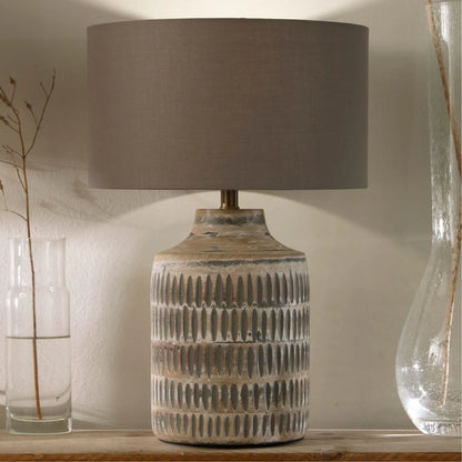 Rustic Grey-Washed Mango Wood Table Lamp Base with Hand-Carved Linear Detailing – Textured Wooden Light Base 34x17x17cm - Click Style