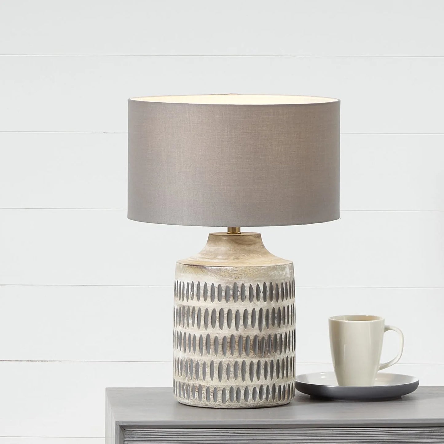 Rustic Grey-Washed Mango Wood Table Lamp Base with Hand-Carved Linear Detailing – Textured Wooden Light Base 34x17x17cm - Click Style