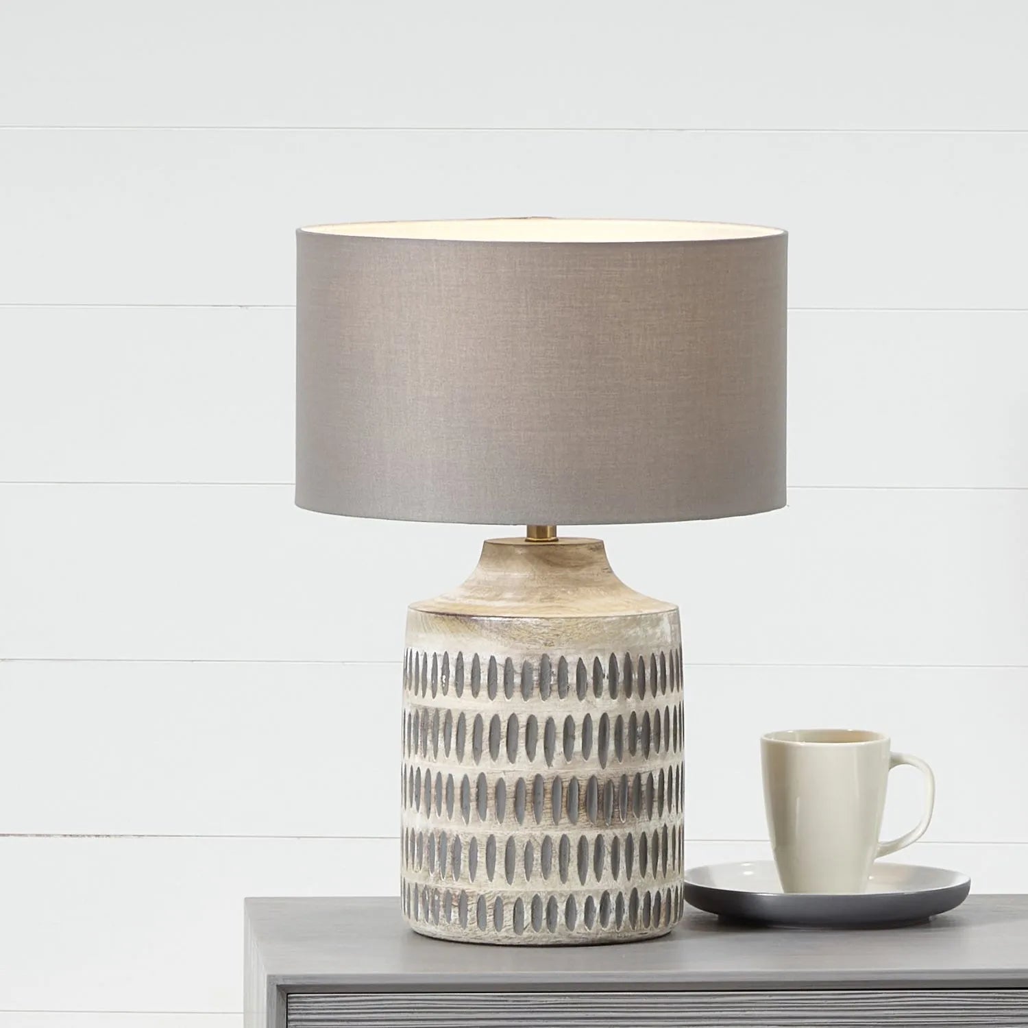 Rustic Grey-Washed Mango Wood Table Lamp Base with Hand-Carved Linear Detailing – Textured Wooden Light Base 34x17x17cm - Click Style