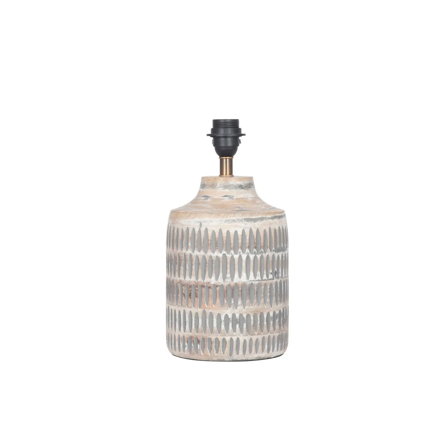 Rustic Grey-Washed Mango Wood Table Lamp Base with Hand-Carved Linear Detailing – Textured Wooden Light Base 34x17x17cm - Click Style