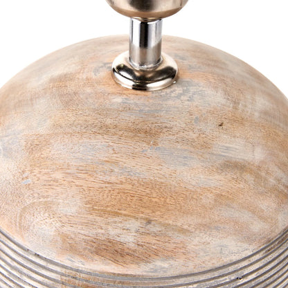 Rustic Grey-Washed Mango Wood Table Lamp with Grey Linen Drum Shade – Hand-Carved Dome Lamp Base 48x35x35cm - Click Style