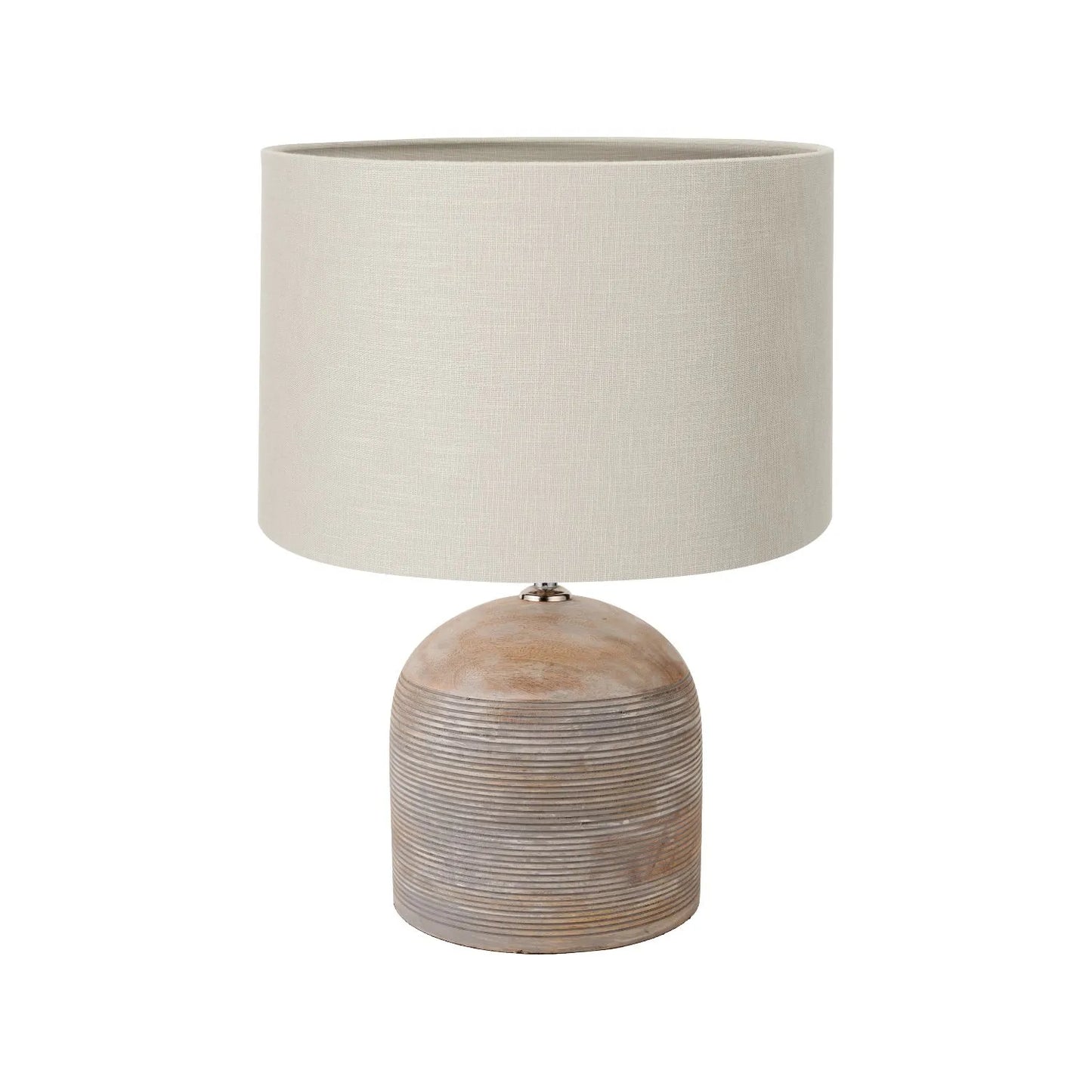 Rustic Grey-Washed Mango Wood Table Lamp with Grey Linen Drum Shade – Hand-Carved Dome Lamp Base 48x35x35cm - Click Style
