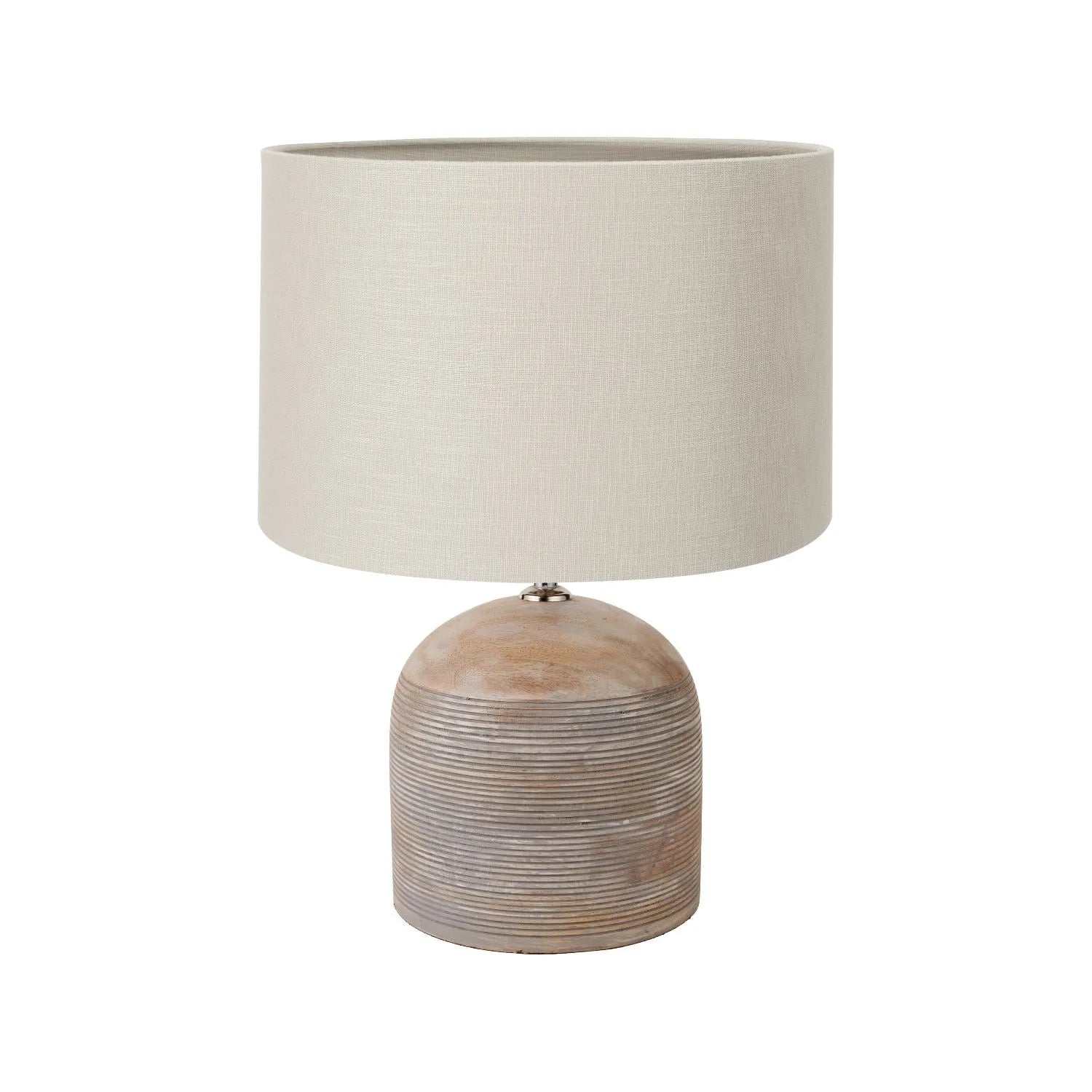 Rustic Grey-Washed Mango Wood Table Lamp with Grey Linen Drum Shade – Hand-Carved Dome Lamp Base 48x35x35cm - Click Style