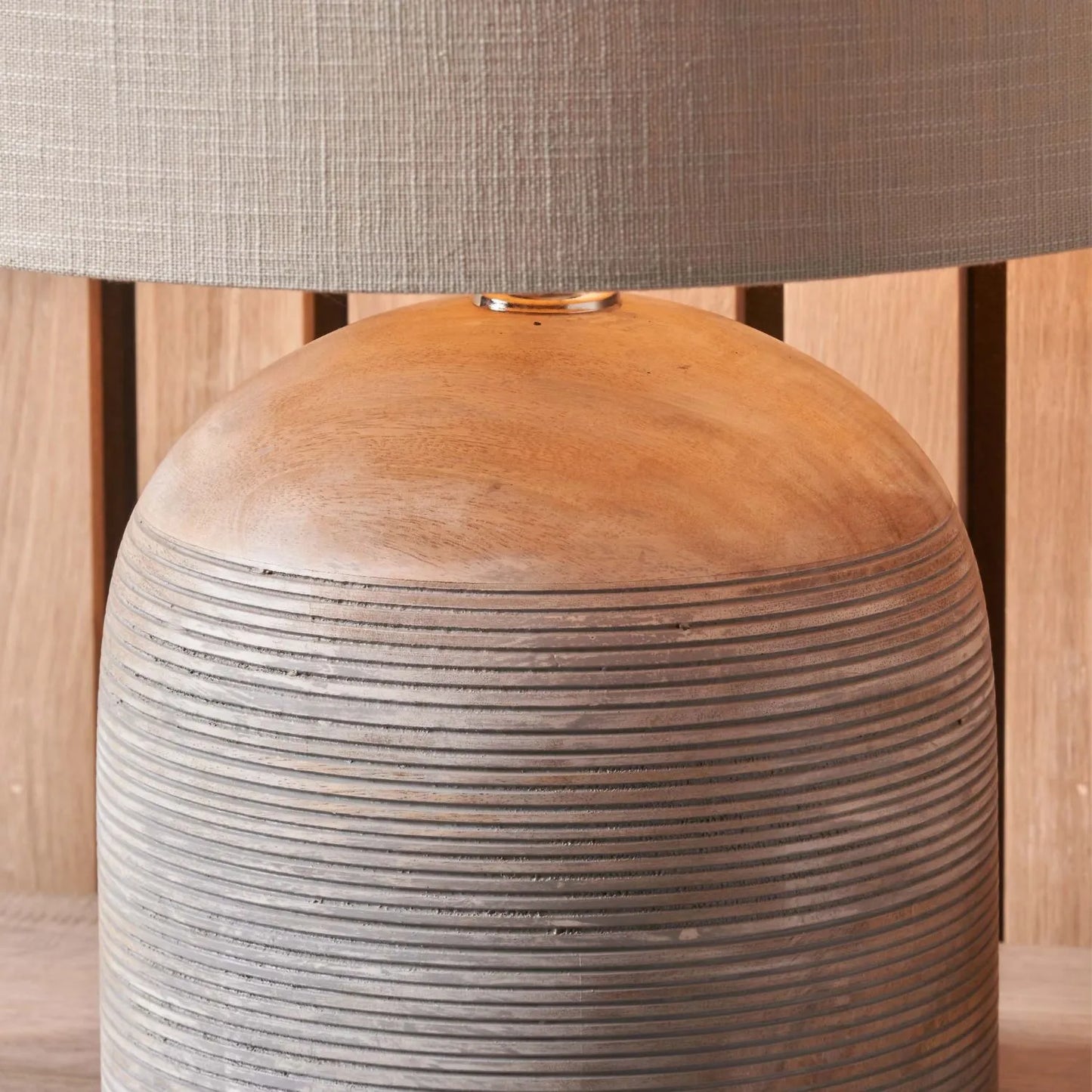 Rustic Grey-Washed Mango Wood Table Lamp with Grey Linen Drum Shade – Hand-Carved Dome Lamp Base 48x35x35cm - Click Style