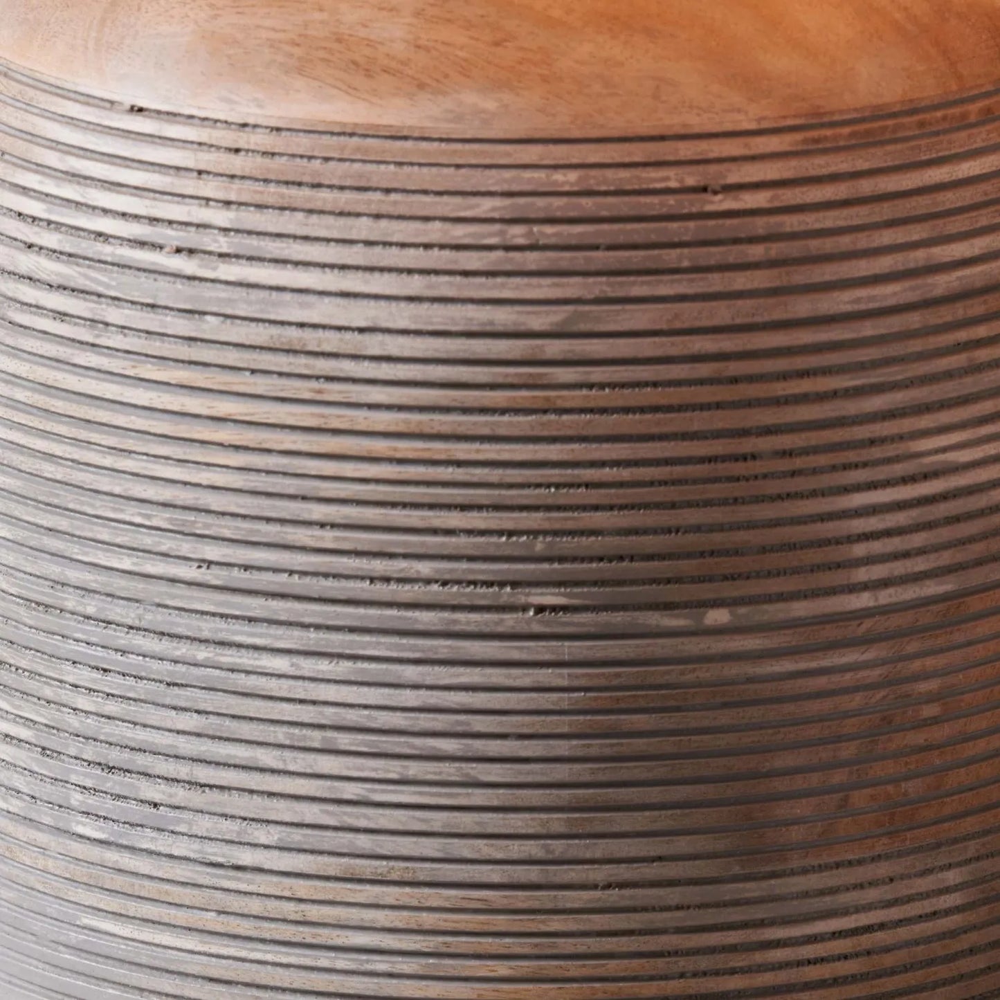 Rustic Grey-Washed Mango Wood Table Lamp with Grey Linen Drum Shade – Hand-Carved Dome Lamp Base 48x35x35cm - Click Style