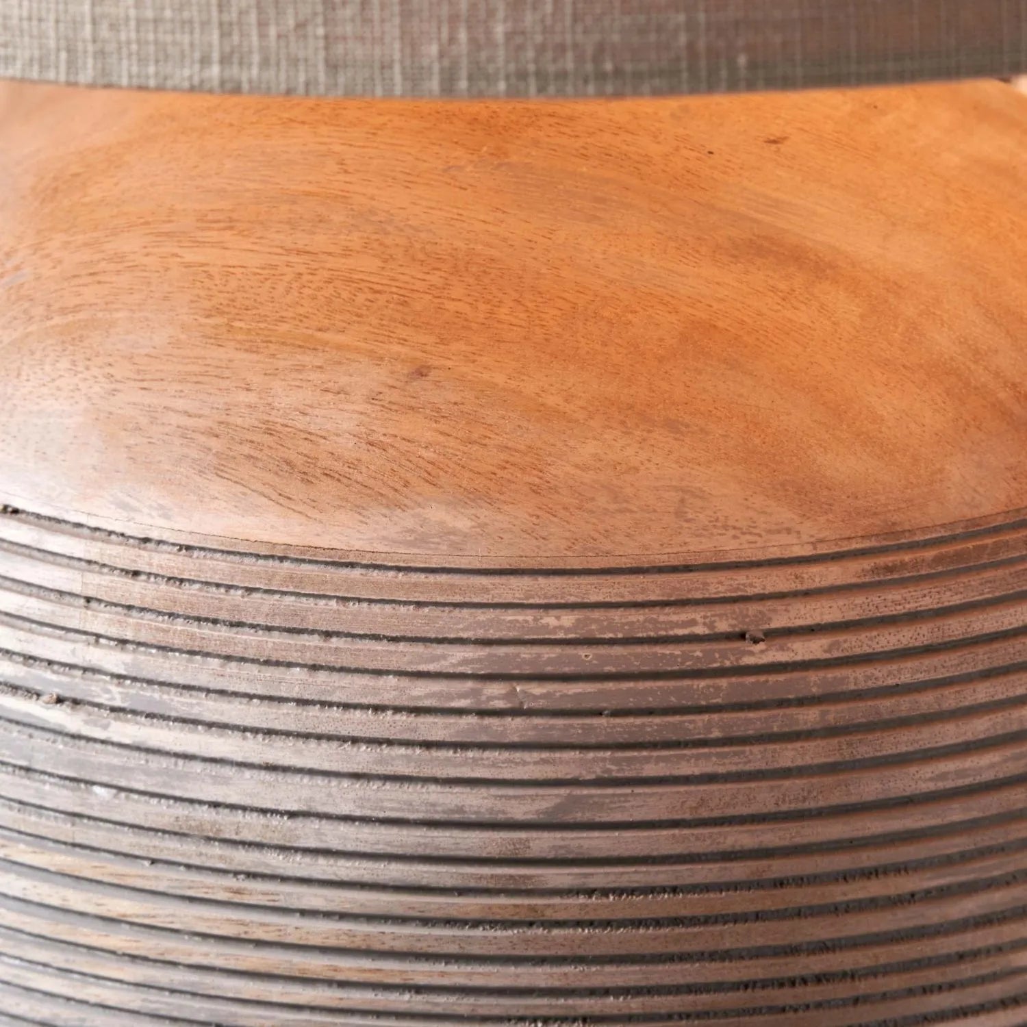 Rustic Grey-Washed Mango Wood Table Lamp with Grey Linen Drum Shade – Hand-Carved Dome Lamp Base 48x35x35cm - Click Style