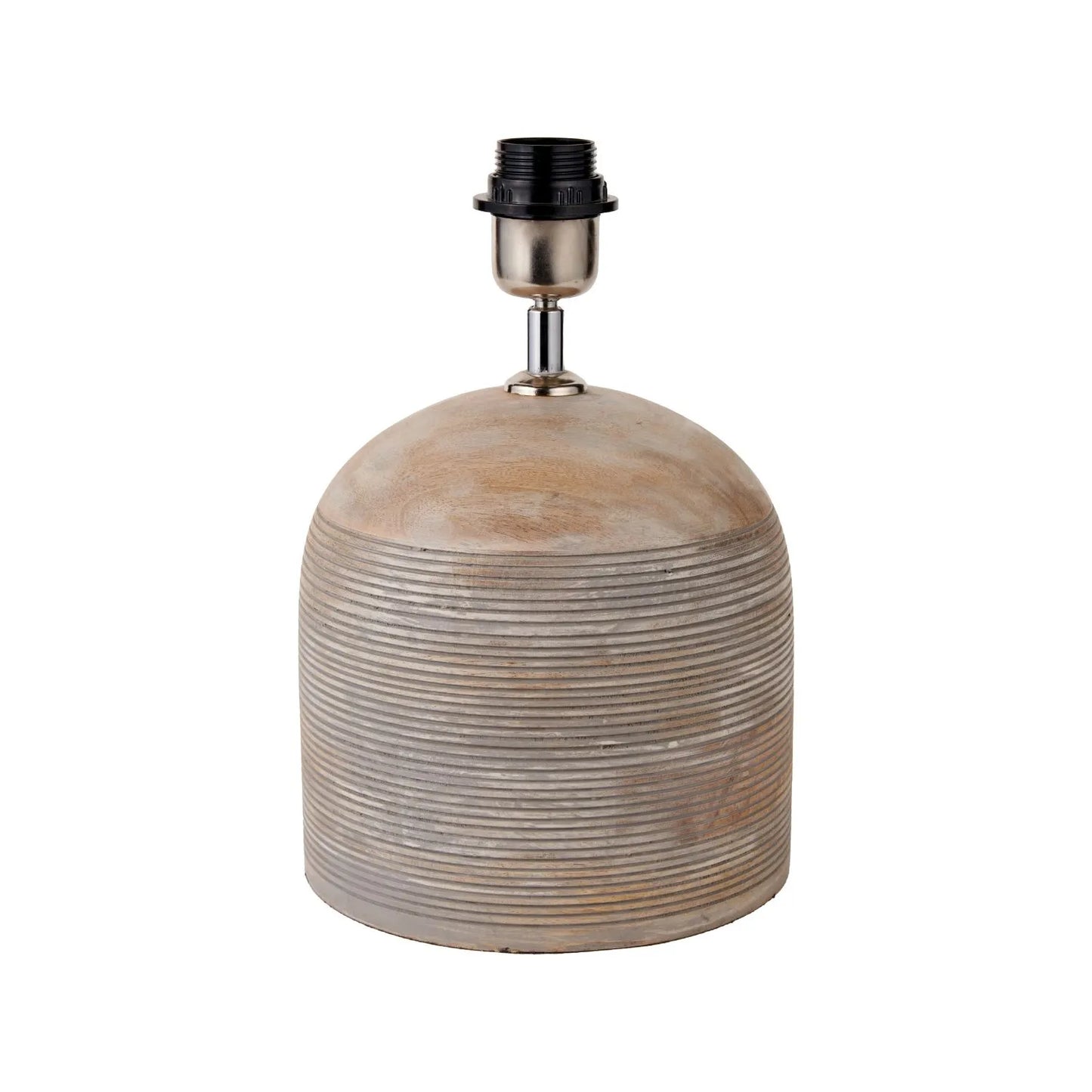 Rustic Grey-Washed Mango Wood Table Lamp with Grey Linen Drum Shade – Hand-Carved Dome Lamp Base 48x35x35cm - Click Style