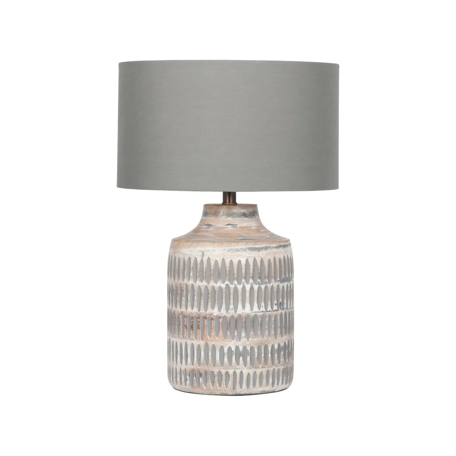 Rustic Grey-Washed Mango Wood Table Lamp with Grey Polycotton Drum Shade – Hand-Carved Wooden Light Base 44.5x30x30cm - Click Style