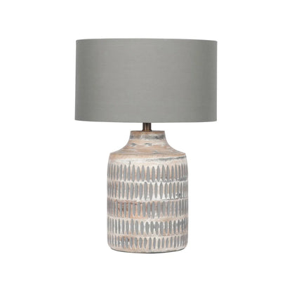 Rustic Grey-Washed Mango Wood Table Lamp with Grey Polycotton Drum Shade – Hand-Carved Wooden Light Base 44.5x30x30cm - Click Style