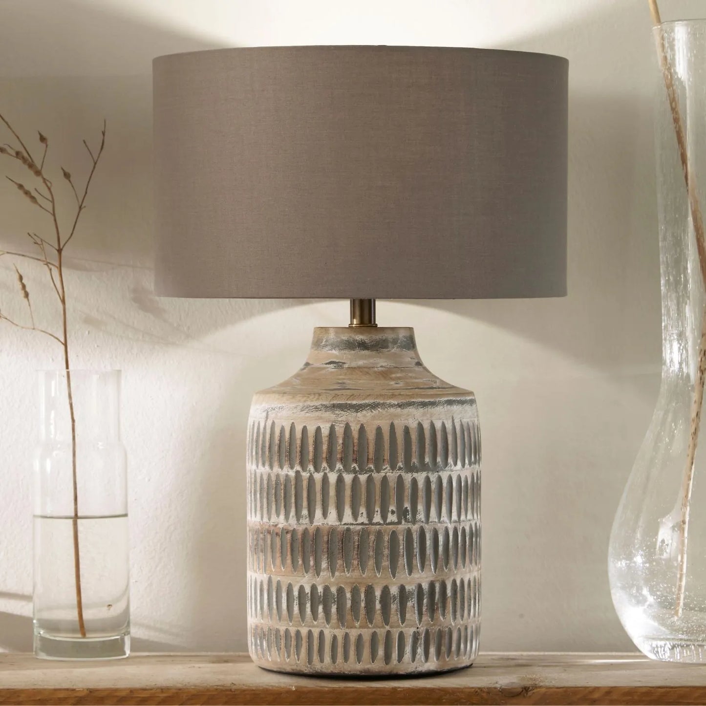 Rustic Grey-Washed Mango Wood Table Lamp with Grey Polycotton Drum Shade – Hand-Carved Wooden Light Base 44.5x30x30cm - Click Style