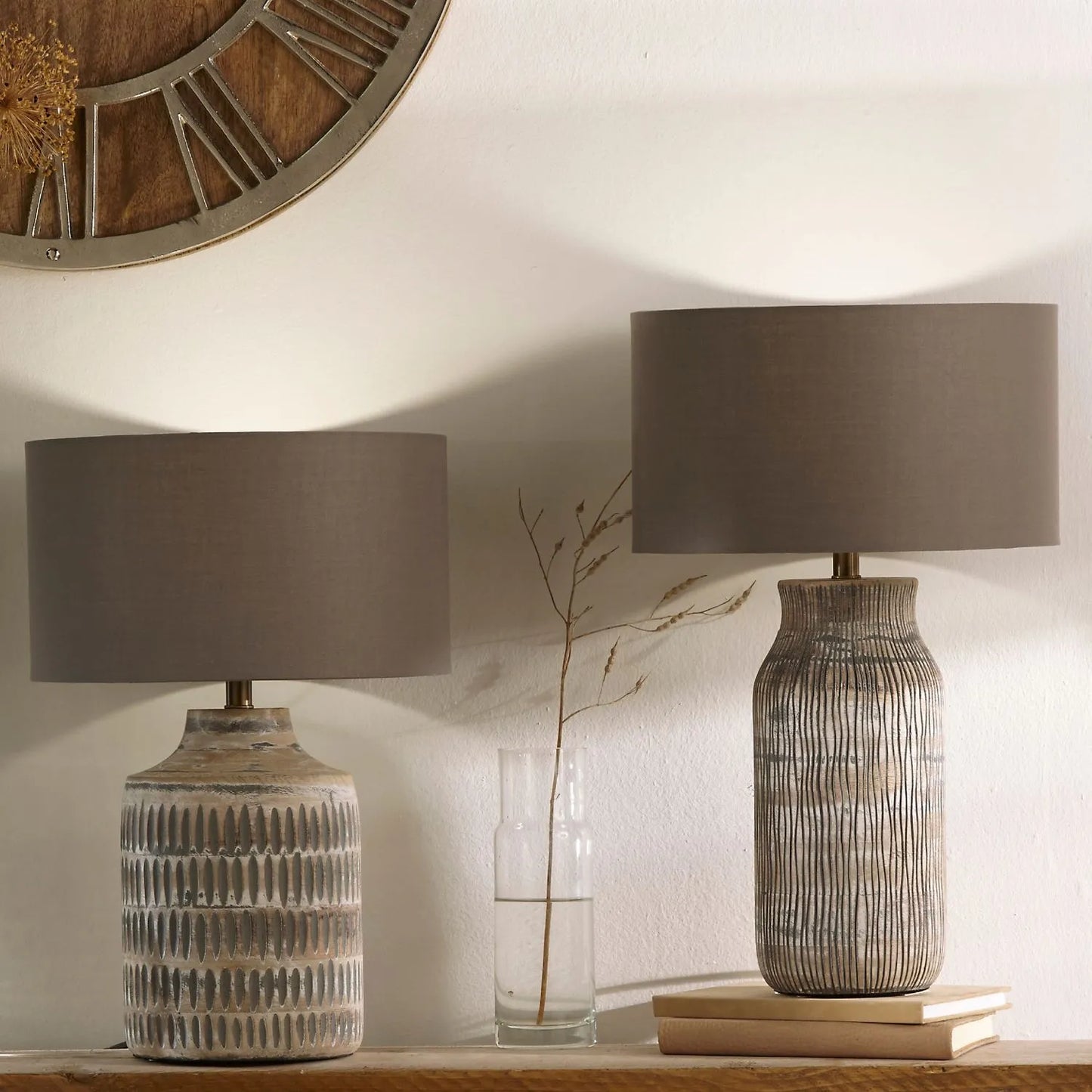 Rustic Grey-Washed Mango Wood Table Lamp with Grey Polycotton Drum Shade – Hand-Carved Wooden Light Base 44.5x30x30cm - Click Style