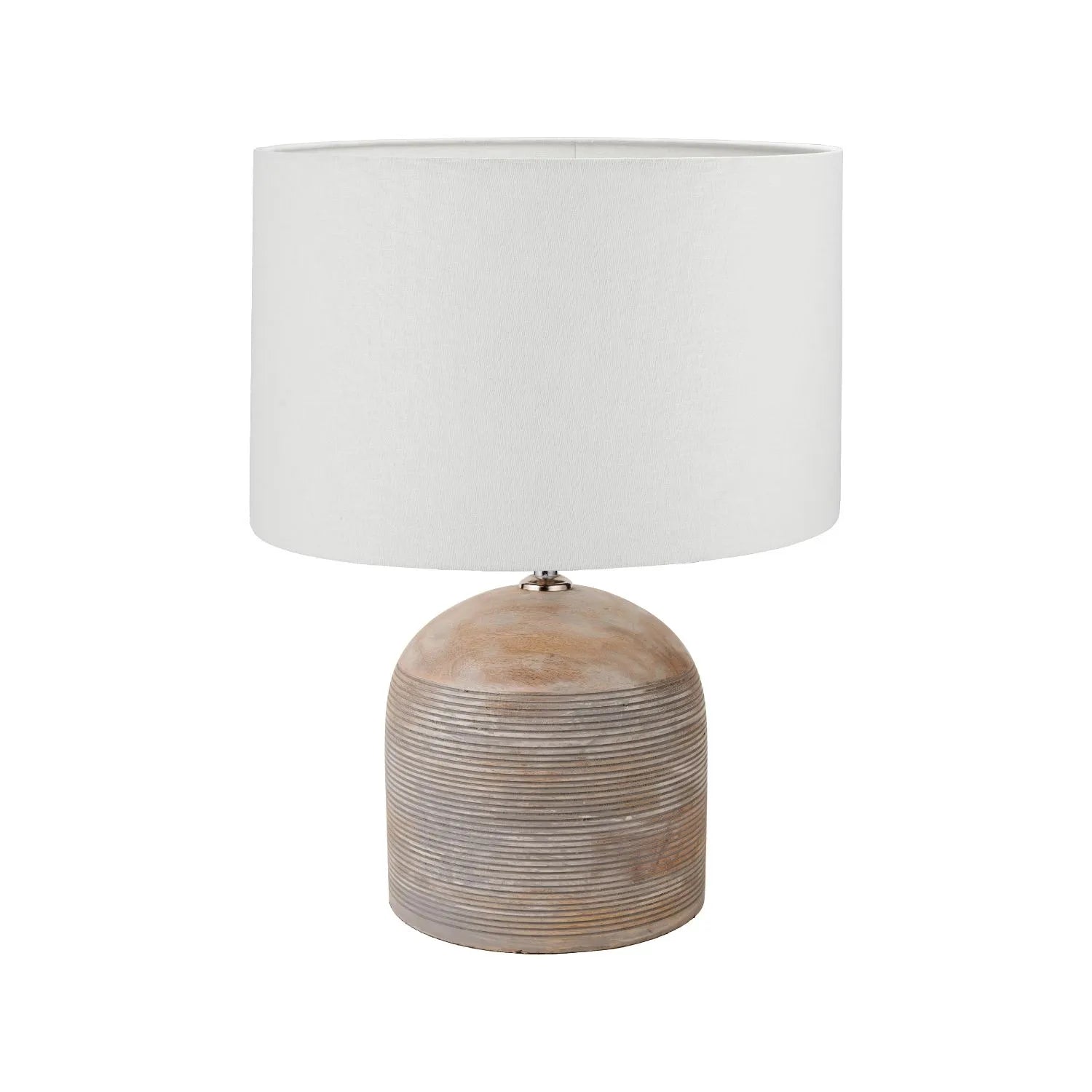 Rustic Grey-Washed Mango Wood Table Lamp with White Linen Drum Shade – Hand-Carved Dome Lamp Base 48x35x35cm - Click Style
