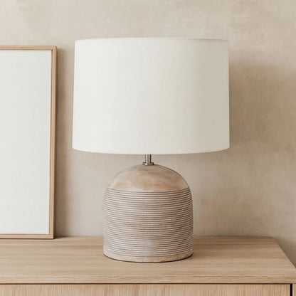 Rustic Grey-Washed Mango Wood Table Lamp with White Linen Drum Shade – Hand-Carved Dome Lamp Base 48x35x35cm - Click Style