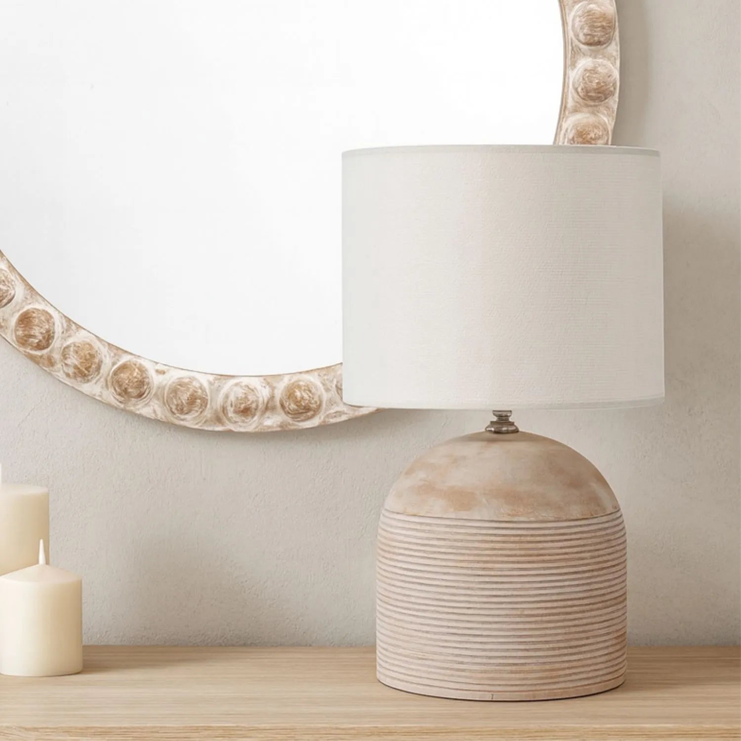 Rustic Grey-Washed Mango Wood Table Lamp with White Linen Drum Shade – Hand-Carved Dome Lamp Base 48x35x35cm - Click Style