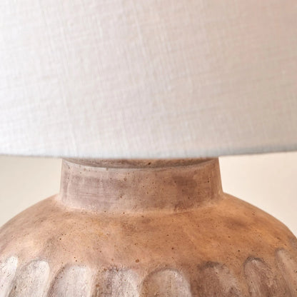 Rustic Neutral Grey & Beige-Washed Greige Stoneware Table Lamp with Vertical Grooved Detailing & 35cm White Self-Lined Linen Drum Shade – Handcrafted Ceramic Light 58x35x35cm | Click Style