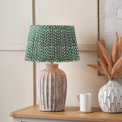 Rustic Neutral Grey & Beige-Washed Greige Stoneware Table Lamp with Vertical Grooved Detailing & 35cm Green & White Chevron Mushroom Pleated Tapered Cotton Shade – Handcrafted Ceramic Light 56x35x35cm | Click Style