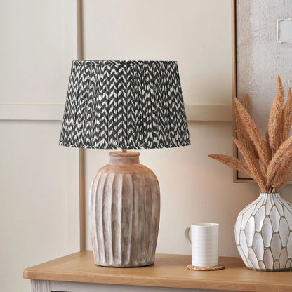 Rustic Neutral Grey & Beige-Washed Greige Stoneware Table Lamp with Vertical Grooved Detailing & 35cm Black & White Chevron Mushroom Pleated Tapered Cotton Shade – Handcrafted Ceramic Light 56x35x35cm | Click Style