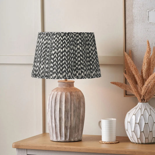 Rustic Neutral Grey & Beige-Washed Greige Stoneware Table Lamp with Vertical Grooved Detailing & 35cm Black & White Chevron Mushroom Pleated Tapered Cotton Shade – Handcrafted Ceramic Light 56x35x35cm | Click Style
