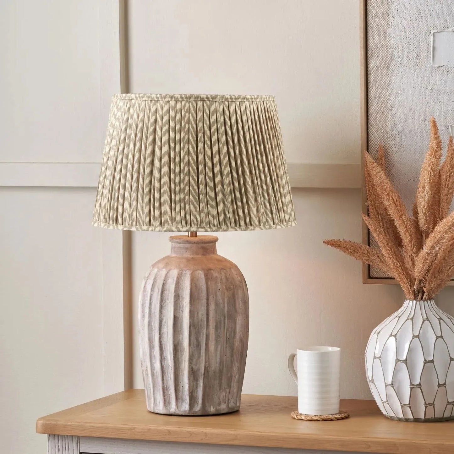 Rustic Neutral Grey & Beige-Washed Greige Stoneware Table Lamp with Vertical Grooved Detailing & 35cm Beige Taupe & White Chevron Mushroom Pleated Tapered Cotton Shade – Handcrafted Ceramic Light 56x35x35cm | Click Style