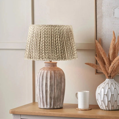 Rustic Neutral Grey & Beige-Washed Greige Stoneware Table Lamp with Vertical Grooved Detailing & 35cm Beige Taupe & White Chevron Mushroom Pleated Tapered Cotton Shade – Handcrafted Ceramic Light 56x35x35cm | Click Style
