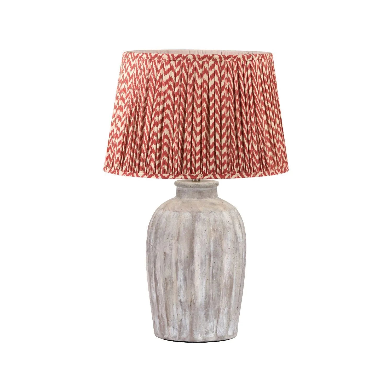 Rustic Neutral Grey & Beige-Washed Greige Stoneware Table Lamp with Vertical Grooved Detailing & 35cm Red & White Chevron Mushroom Pleated Tapered Cotton Shade – Handcrafted Ceramic Light 56x35x35cm | Click Style