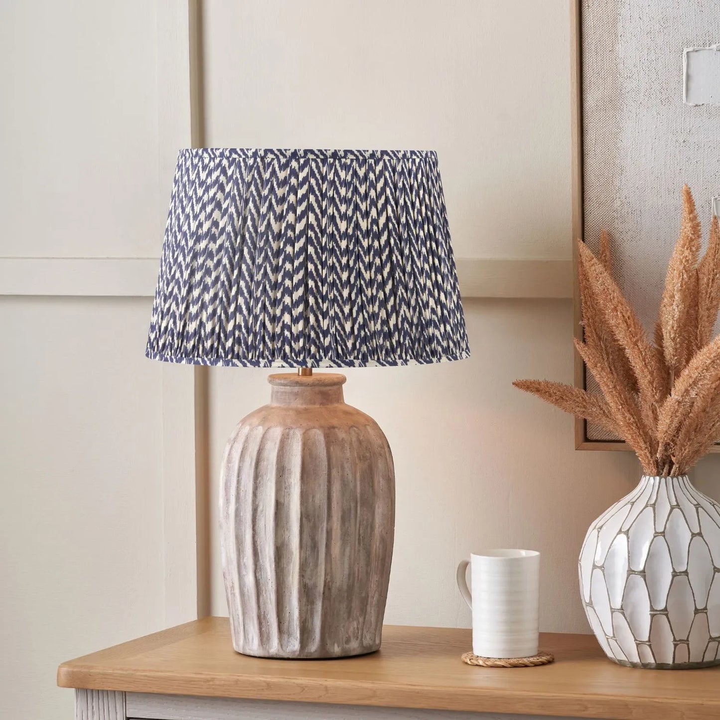Rustic Neutral Grey & Beige-Washed Greige Stoneware Table Lamp with Vertical Grooved Detailing & 35cm Blue & White Chevron Mushroom Pleated Tapered Cotton Shade – Handcrafted Ceramic Light 56x35x35cm | Click Style