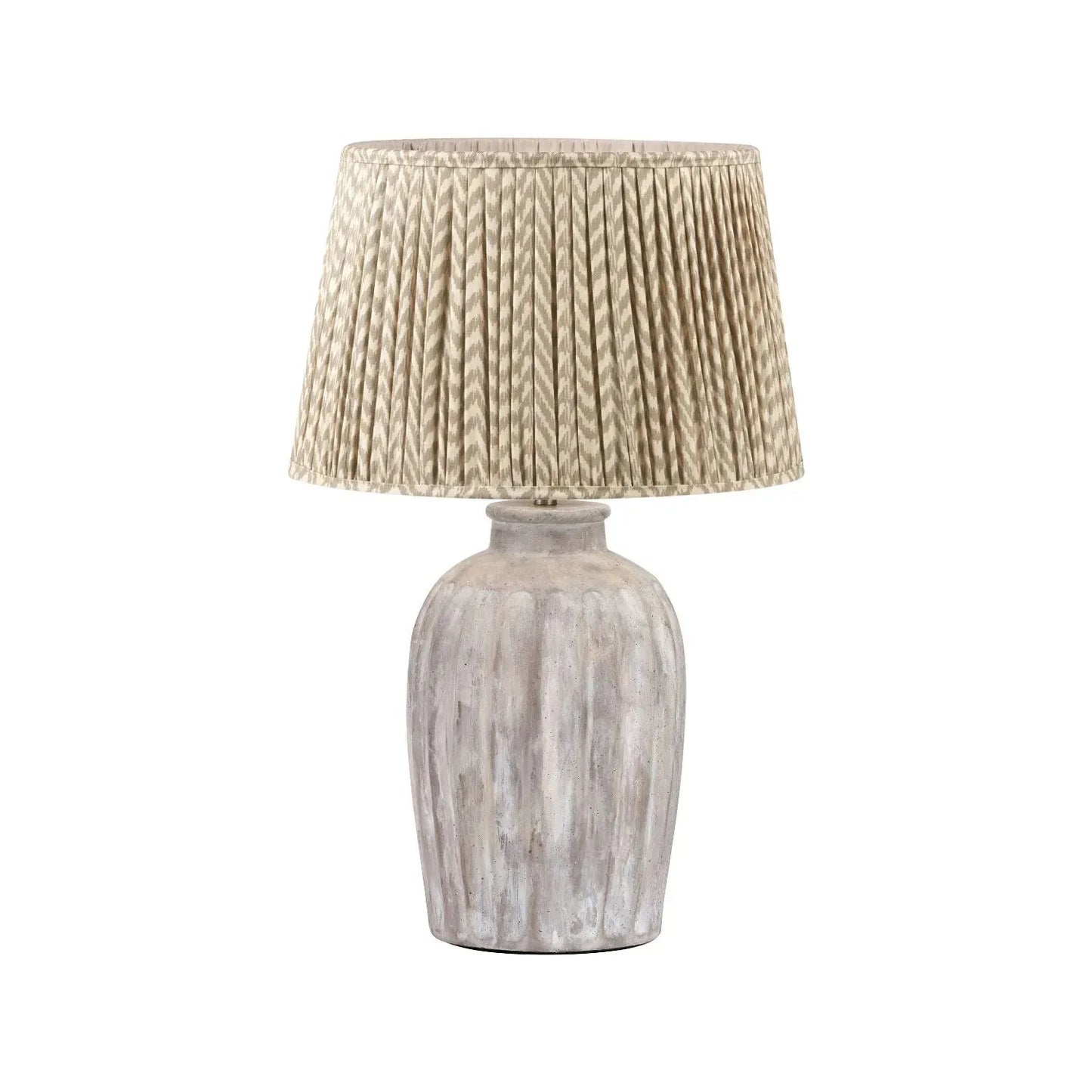 Rustic Neutral Grey & Beige-Washed Greige Stoneware Table Lamp with Vertical Grooved Detailing & 35cm Beige Taupe & White Chevron Mushroom Pleated Tapered Cotton Shade – Handcrafted Ceramic Light 56x35x35cm | Click Style