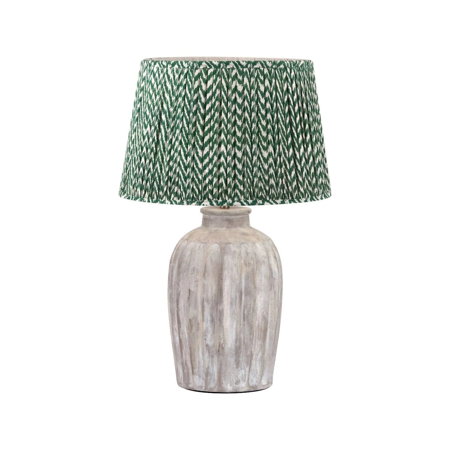 Rustic Neutral Grey & Beige-Washed Greige Stoneware Table Lamp with Vertical Grooved Detailing & 35cm Green & White Chevron Mushroom Pleated Tapered Cotton Shade – Handcrafted Ceramic Light 56x35x35cm | Click Style
