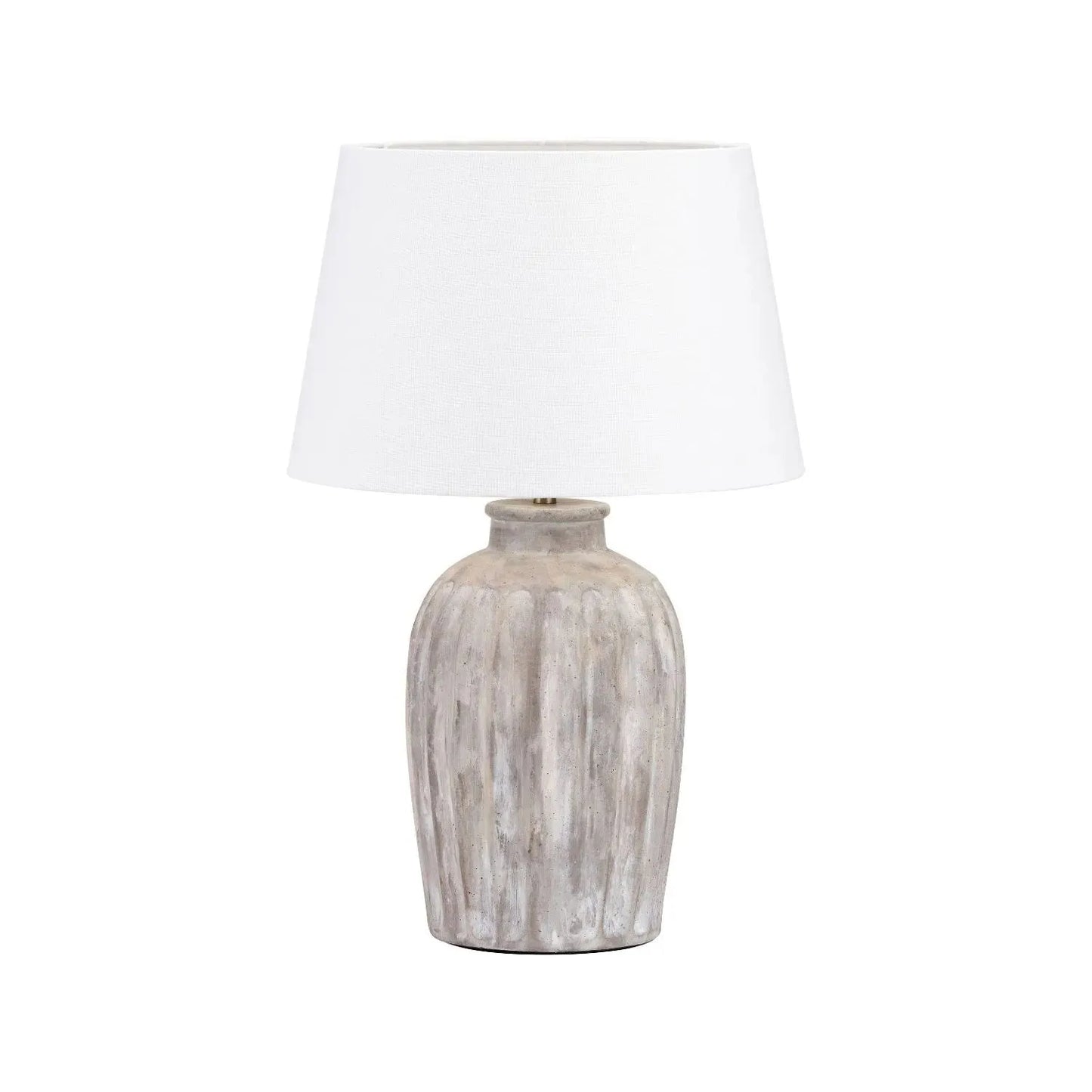 Rustic Neutral Grey & Beige-Washed Greige Stoneware Table Lamp with Vertical Grooved Detailing & 35cm White Self-Lined Linen Tapered Shade – Handcrafted Ceramic Light 56x35x35cm | Click Style