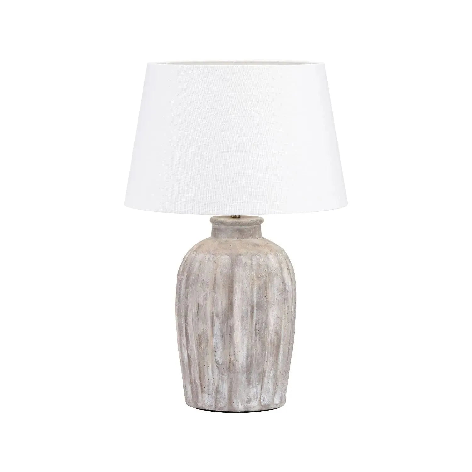 Rustic Neutral Grey & Beige-Washed Greige Stoneware Table Lamp with Vertical Grooved Detailing & 35cm White Self-Lined Linen Tapered Shade – Handcrafted Ceramic Light 56x35x35cm | Click Style
