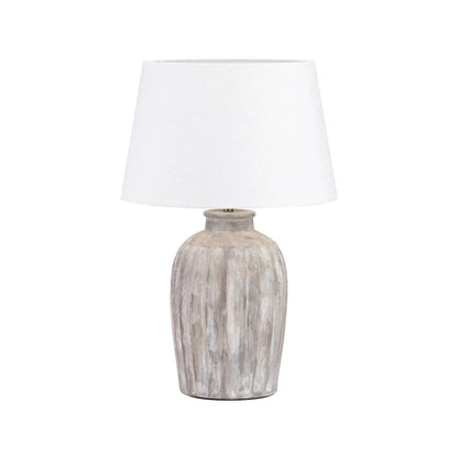 Rustic Neutral Grey & Beige-Washed Greige Stoneware Table Lamp with Vertical Grooved Detailing & 35cm White Self-Lined Linen Tapered Shade – Handcrafted Ceramic Light 56x35x35cm | Click Style