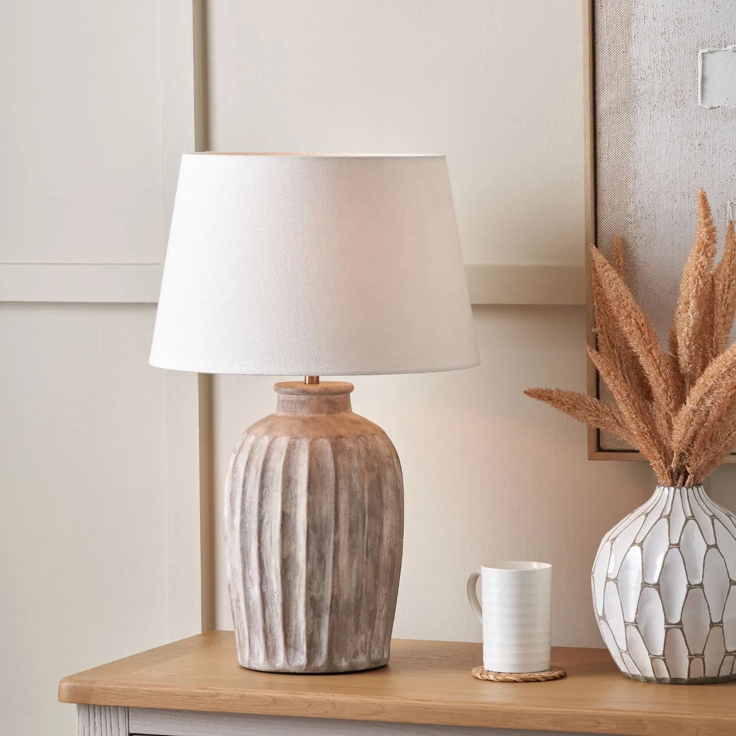Rustic Neutral Grey and Beige-Washed Greige Stoneware Table Lamp Base with Vertical Grooved Detailing – Handcrafted Ceramic Light Base 39x20x20cm | Click Style