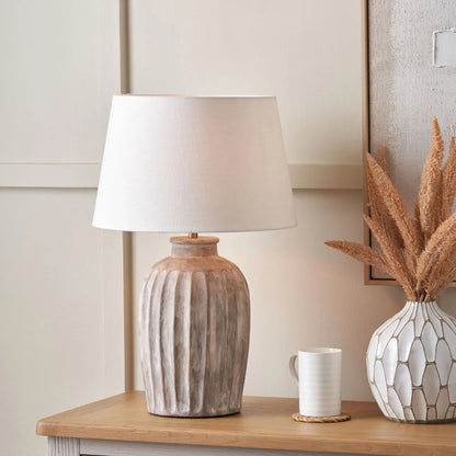 Rustic Neutral Grey and Beige-Washed Greige Stoneware Table Lamp Base with Vertical Grooved Detailing – Handcrafted Ceramic Light Base 39x20x20cm | Click Style