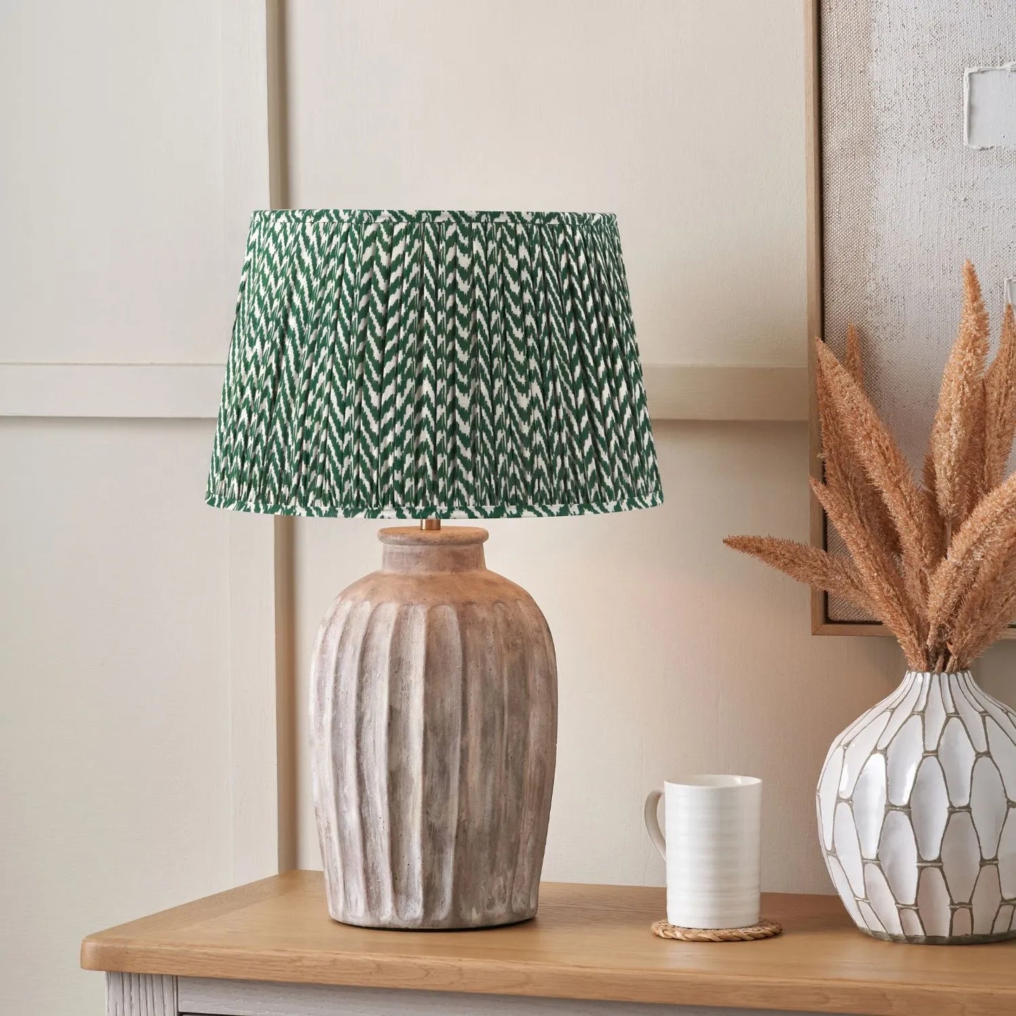 Rustic Neutral Grey and Beige-Washed Greige Stoneware Table Lamp Base with Vertical Grooved Detailing – Handcrafted Ceramic Light Base 39x20x20cm | Click Style