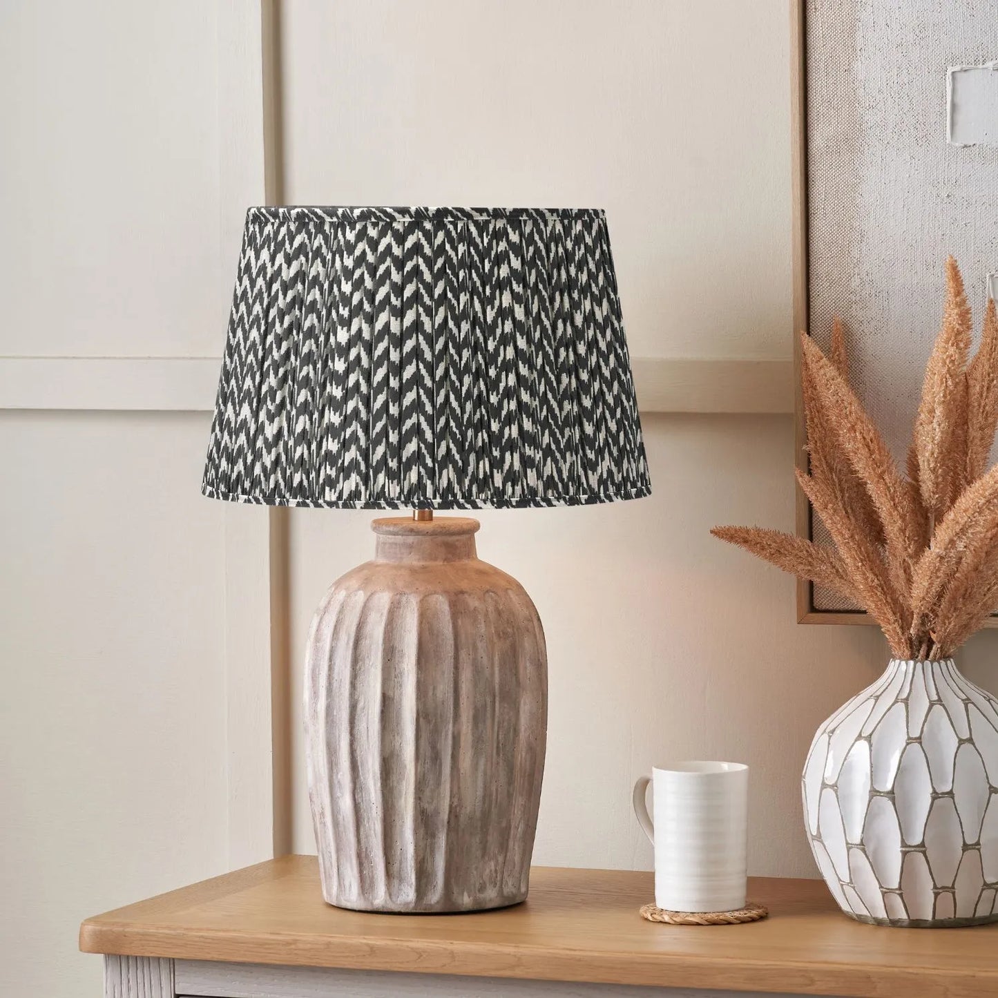 Rustic Neutral Grey and Beige-Washed Greige Stoneware Table Lamp Base with Vertical Grooved Detailing – Handcrafted Ceramic Light Base 39x20x20cm | Click Style
