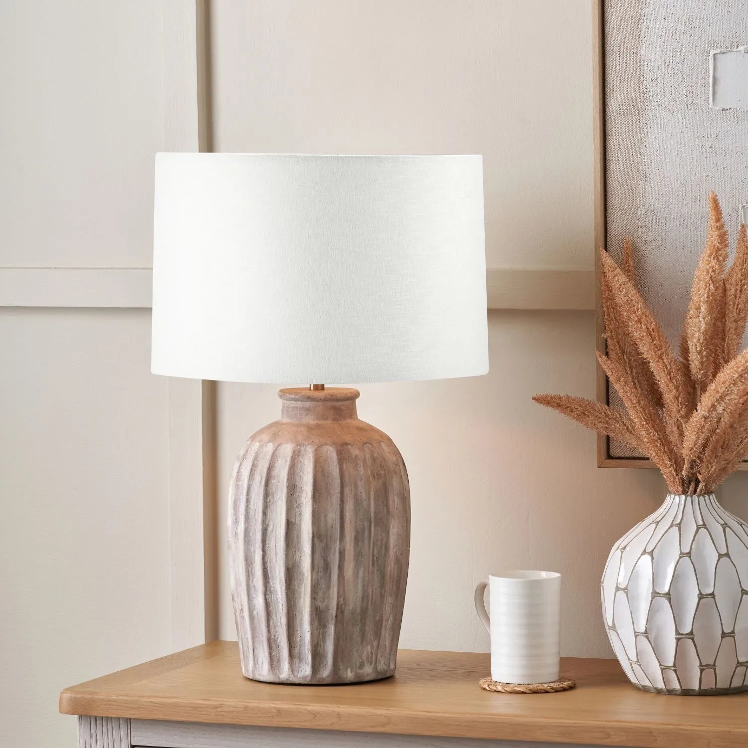 Rustic Neutral Grey and Beige-Washed Greige Stoneware Table Lamp Base with Vertical Grooved Detailing – Handcrafted Ceramic Light Base 39x20x20cm | Click Style
