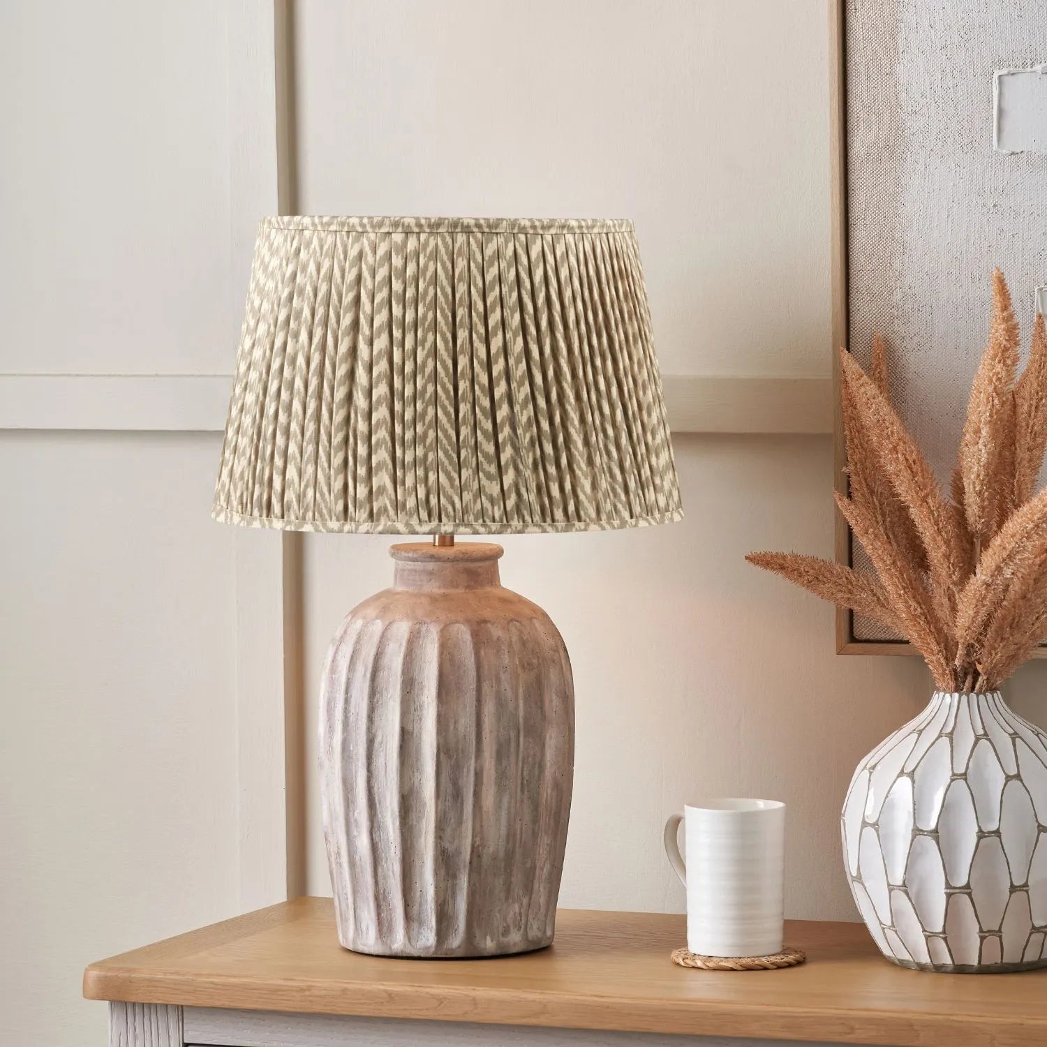 Rustic Neutral Grey and Beige-Washed Greige Stoneware Table Lamp Base with Vertical Grooved Detailing – Handcrafted Ceramic Light Base 39x20x20cm | Click Style