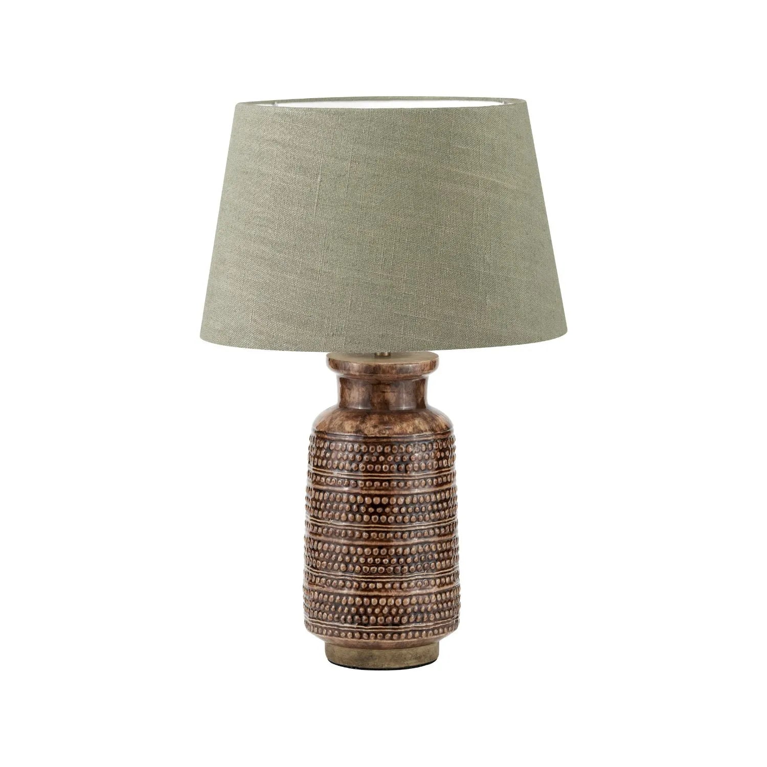 Rustic rich brown glazed artisan ceramic table lamp base with dot design – handmade stoneware tapered cylindrical light base 39x15x15cm | Click Style