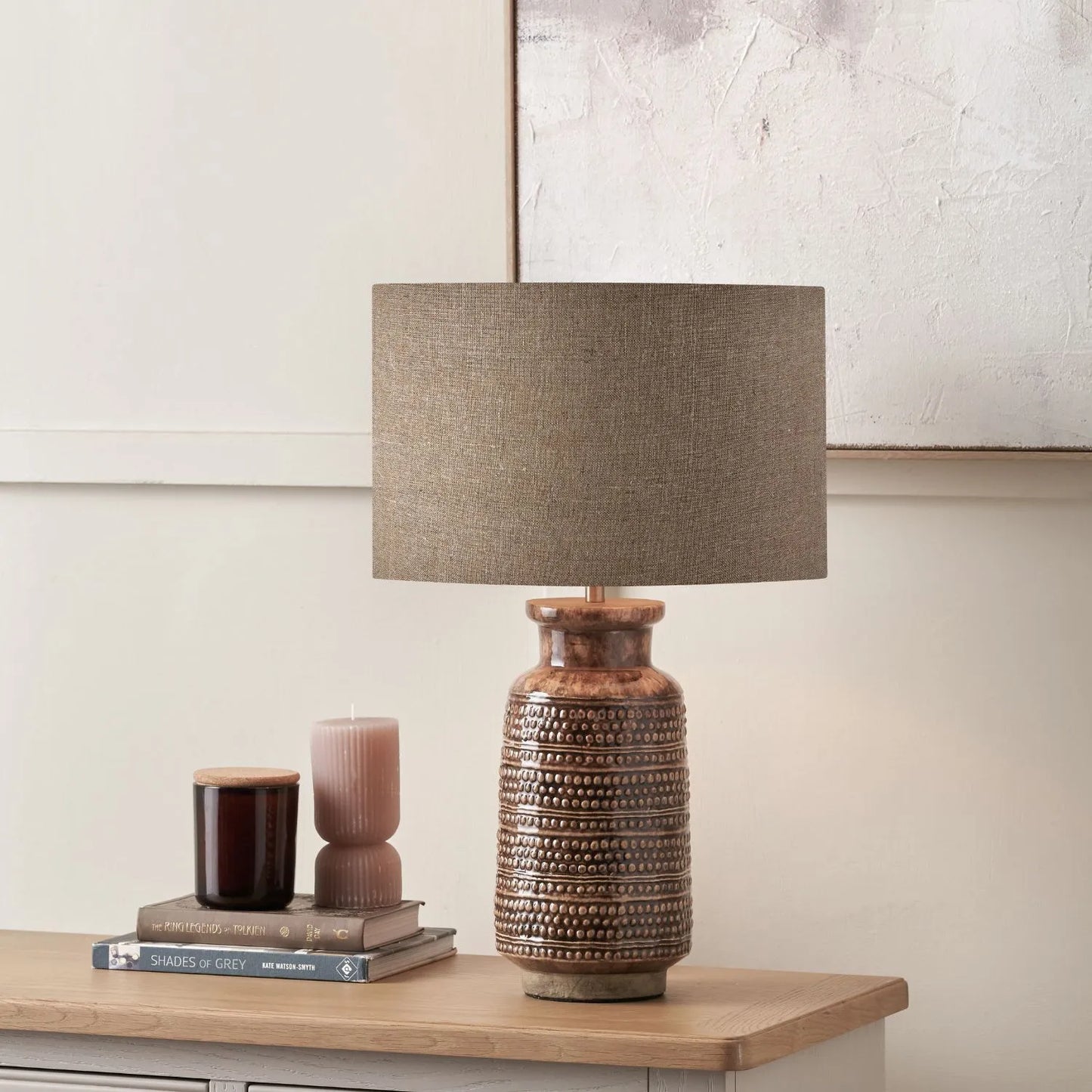 Rustic rich brown glazed artisan ceramic table lamp base with dot design – handmade stoneware tapered cylindrical light base 39x15x15cm | Click Style