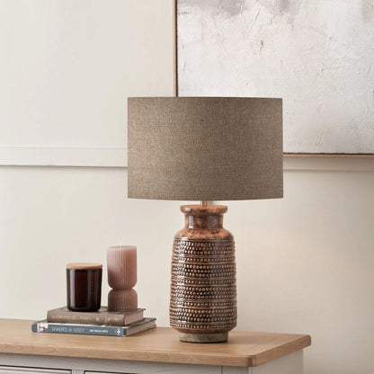 Rustic rich brown glazed artisan ceramic table lamp base with dot design – handmade stoneware tapered cylindrical light base 39x15x15cm | Click Style