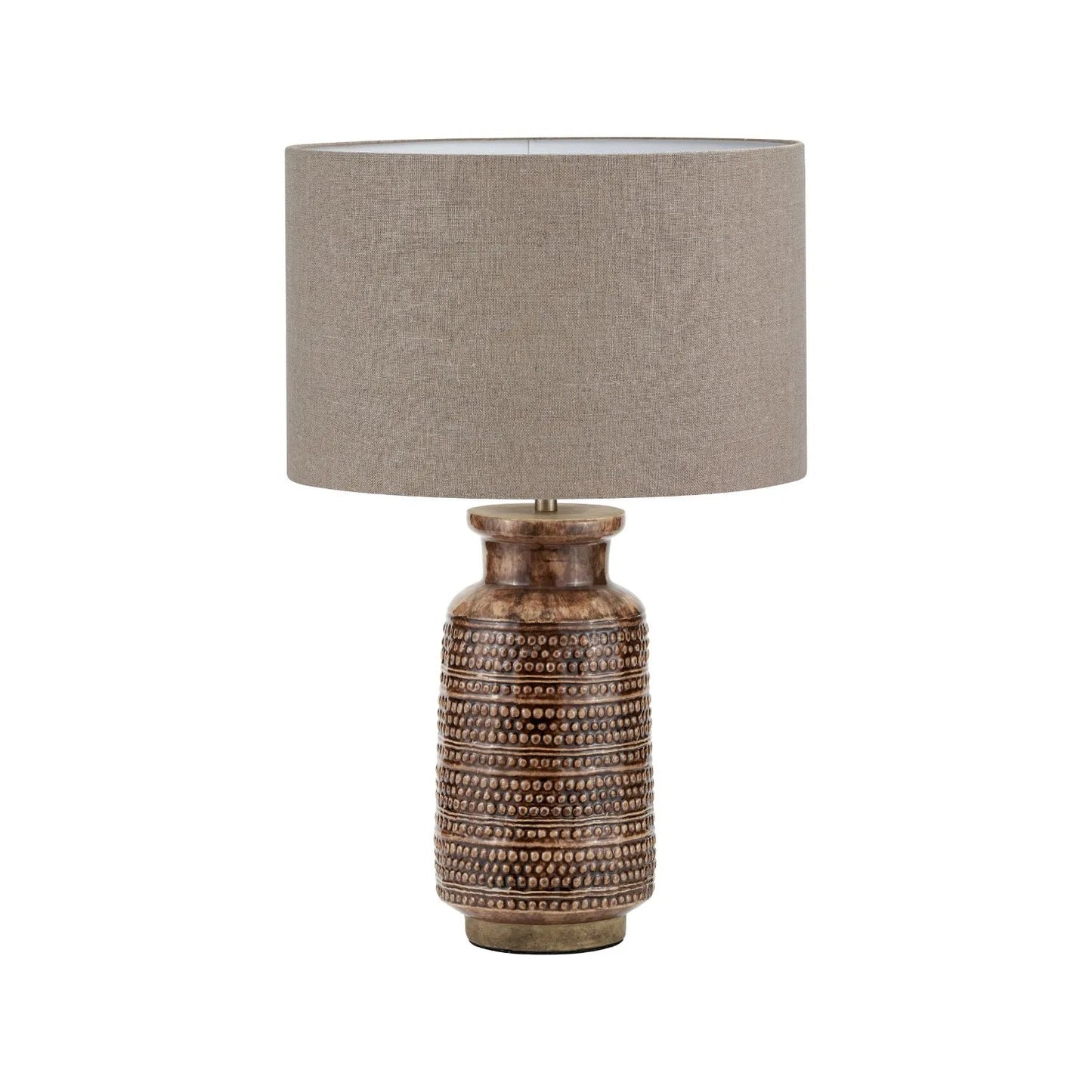 Rustic rich brown glazed artisan ceramic table lamp base with dot design – handmade stoneware tapered cylindrical light base 39x15x15cm | Click Style